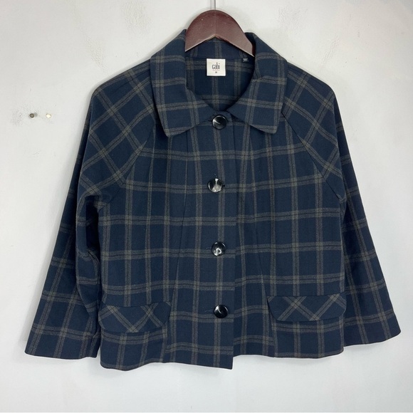 Cabi Size Medium Connery Plaid Navy Blue Stretch Knit Jacket Blazer Short HC - Picture 1 of 6
